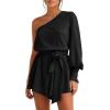 imageCicy Bell Womens Casual Summer Rompers Dressy One Shoulder Long Balloon Sleeve Tie Waist Short JumpsuitsBlack