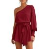 imageCicy Bell Womens Casual Summer Rompers Dressy One Shoulder Long Balloon Sleeve Tie Waist Short JumpsuitsBurgundy