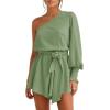 imageCicy Bell Womens Casual Summer Rompers Dressy One Shoulder Long Balloon Sleeve Tie Waist Short JumpsuitsGreen