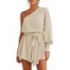 imageCicy Bell Womens Casual Summer Rompers Dressy One Shoulder Long Balloon Sleeve Tie Waist Short JumpsuitsKhaki