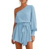 imageCicy Bell Womens Casual Summer Rompers Dressy One Shoulder Long Balloon Sleeve Tie Waist Short JumpsuitsSky Blue