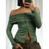 imageCicy Bell Womens Off The Shoulder Tops Cute Long Sleeve Slim Fit Ribbed Ruched Shirt 2024 Fall Y2k ClothesArmy Green