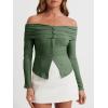 imageCicy Bell Womens Off The Shoulder Tops Cute Long Sleeve Slim Fit Ribbed Ruched Shirt 2024 Fall Y2k ClothesArmy Green