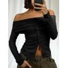 imageCicy Bell Womens Off The Shoulder Tops Cute Long Sleeve Slim Fit Ribbed Ruched Shirt 2024 Fall Y2k ClothesBlack