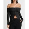imageCicy Bell Womens Off The Shoulder Tops Cute Long Sleeve Slim Fit Ribbed Ruched Shirt 2024 Fall Y2k ClothesBlack