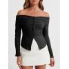 imageCicy Bell Womens Off The Shoulder Tops Cute Long Sleeve Slim Fit Ribbed Ruched Shirt 2024 Fall Y2k ClothesBlack