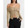 imageCicy Bell Womens Off The Shoulder Tops Cute Long Sleeve Slim Fit Ribbed Ruched Shirt 2024 Fall Y2k ClothesKhaki
