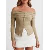 imageCicy Bell Womens Off The Shoulder Tops Cute Long Sleeve Slim Fit Ribbed Ruched Shirt 2024 Fall Y2k ClothesKhaki