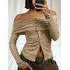 imageCicy Bell Womens Off The Shoulder Tops Cute Long Sleeve Slim Fit Ribbed Ruched Shirt 2024 Fall Y2k ClothesKhaki