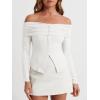 imageCicy Bell Womens Off The Shoulder Tops Cute Long Sleeve Slim Fit Ribbed Ruched Shirt 2024 Fall Y2k ClothesWhite
