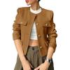imageCicy Bell Womens Cropped Tweed Blazer Jackets Collarless Button Down Business Casual Outfits with PocketsBrown