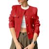 imageCicy Bell Womens Cropped Tweed Blazer Jackets Collarless Button Down Business Casual Outfits with PocketsRed