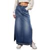 imageCicy Bell Womens Long Denim Skirt Casual Frayed Raw Hem Side Split Vintage Jean Long Skirt with PocketsNavy