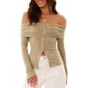 imageCicy Bell Womens Off The Shoulder Tops Cute Long Sleeve Slim Fit Ribbed Ruched Shirt 2024 Fall Y2k ClothesKhaki