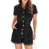 imageCicy Bell Womens Short Sleeve Denim Rompers Cotton Utility Button Up Elastic Waist Short Jumpsuits