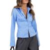 imageCicy Bell Womens Striped Button Down Shirts Flare Long Sleeve Collared V Neck Business Work Office Blouse TopsBlue