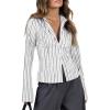 imageCicy Bell Womens Striped Button Down Shirts Flare Long Sleeve Collared V Neck Business Work Office Blouse TopsWhite