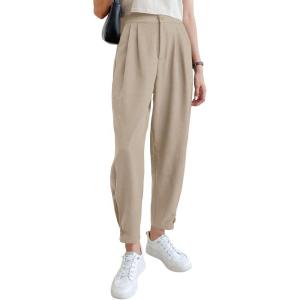 imageCicy Bell Women Casual High Waisted Button Pencil Pants Work Office Straight Leg Dress Pants Fold Pleated TrousersApricot