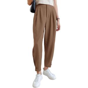 imageCicy Bell Women Casual High Waisted Button Pencil Pants Work Office Straight Leg Dress Pants Fold Pleated TrousersDark Khaki