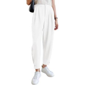 imageCicy Bell Women Casual High Waisted Button Pencil Pants Work Office Straight Leg Dress Pants Fold Pleated TrousersWhite