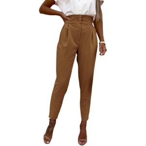 imageCicy Bell Women Casual High Waisted Pants Straight Leg Work Office Dress Pants Fold Pleated Trousers with PocketsBrown