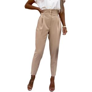 imageCicy Bell Women Casual High Waisted Pants Straight Leg Work Office Dress Pants Fold Pleated Trousers with PocketsKhaki