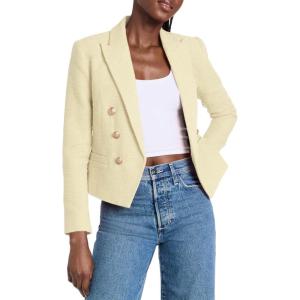 imageCicy Bell Women Double Breasted Cropped Tweed Blazer Jackets Lapel Open Front Long Sleeve Business Suit Jackets with PocketBeige