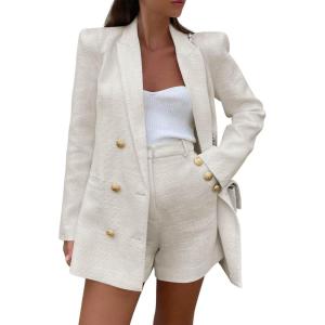 imageCicy Bell Womens 2 Piece Tweed Blazer Shorts Sets Long Sleeve Double Breasted Suit Jackets Business OutfitBeige