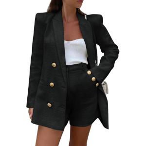 imageCicy Bell Womens 2 Piece Tweed Blazer Shorts Sets Long Sleeve Double Breasted Suit Jackets Business OutfitBlack