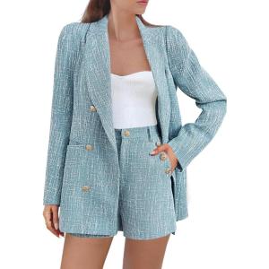 imageCicy Bell Womens 2 Piece Tweed Blazer Shorts Sets Long Sleeve Double Breasted Suit Jackets Business OutfitBlue