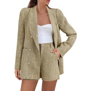 imageCicy Bell Womens 2 Piece Tweed Blazer Shorts Sets Long Sleeve Double Breasted Suit Jackets Business OutfitBrown