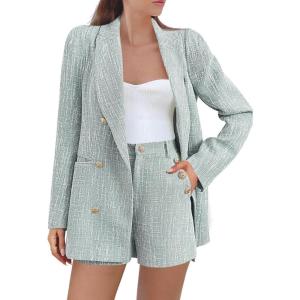 imageCicy Bell Womens 2 Piece Tweed Blazer Shorts Sets Long Sleeve Double Breasted Suit Jackets Business OutfitGrey