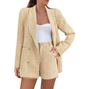 imageCicy Bell Womens 2 Piece Tweed Blazer Shorts Sets Long Sleeve Double Breasted Suit Jackets Business OutfitKhaki