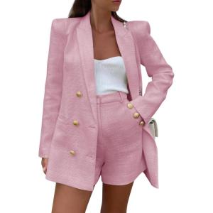 imageCicy Bell Womens 2 Piece Tweed Blazer Shorts Sets Long Sleeve Double Breasted Suit Jackets Business OutfitPink