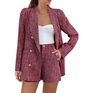 imageCicy Bell Womens 2 Piece Tweed Blazer Shorts Sets Long Sleeve Double Breasted Suit Jackets Business OutfitRed
