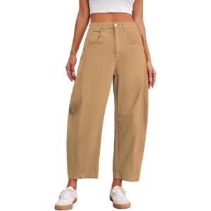 imageCicy Bell Womens Baggy Barrel Horseshoe Pants Casual Wide Leg Mid Rise Cropped Pants with PocketsKhaki