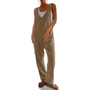 imageCicy Bell Womens Casual Corduroy Overalls Jumpsuits Ribbed Sleeveless V Neck Adjustable Straps Long Pants RompersKhaki