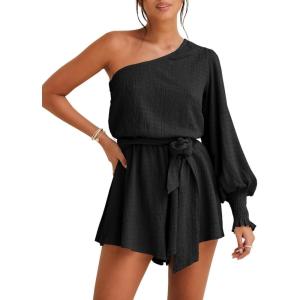 imageCicy Bell Womens Casual Summer Rompers Dressy One Shoulder Long Balloon Sleeve Tie Waist Short JumpsuitsBlack