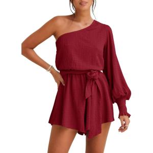 imageCicy Bell Womens Casual Summer Rompers Dressy One Shoulder Long Balloon Sleeve Tie Waist Short JumpsuitsBurgundy
