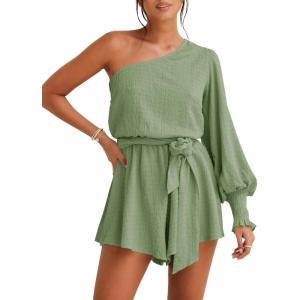 imageCicy Bell Womens Casual Summer Rompers Dressy One Shoulder Long Balloon Sleeve Tie Waist Short JumpsuitsGreen