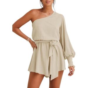 imageCicy Bell Womens Casual Summer Rompers Dressy One Shoulder Long Balloon Sleeve Tie Waist Short JumpsuitsKhaki