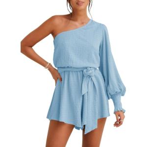 imageCicy Bell Womens Casual Summer Rompers Dressy One Shoulder Long Balloon Sleeve Tie Waist Short JumpsuitsSky Blue