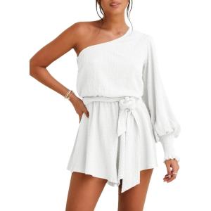 imageCicy Bell Womens Casual Summer Rompers Dressy One Shoulder Long Balloon Sleeve Tie Waist Short JumpsuitsWhite