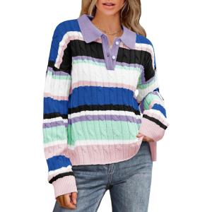 imageCicy Bell Womens Color Block Polo Sweater Striped Long Sleeve Shirts Fall Winter Cropped Knit Pullover TopsBlue