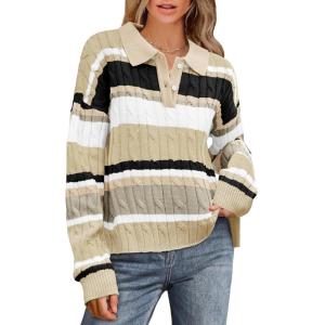 imageCicy Bell Womens Color Block Polo Sweater Striped Long Sleeve Shirts Fall Winter Cropped Knit Pullover TopsKhaki