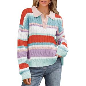 imageCicy Bell Womens Color Block Polo Sweater Striped Long Sleeve Shirts Fall Winter Cropped Knit Pullover TopsRed