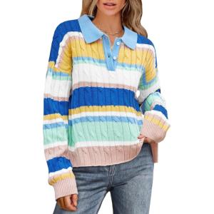 imageCicy Bell Womens Color Block Polo Sweater Striped Long Sleeve Shirts Fall Winter Cropped Knit Pullover TopsYellow