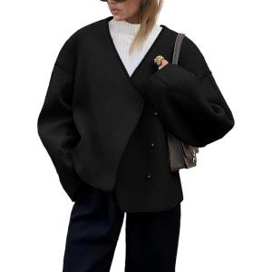 imageCicy Bell Womens Cropped Pea Coat Oversized Wool Blend Fall Coats V Neck Embroidered Short JacketsBlack