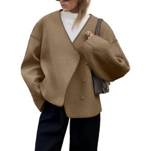 imageCicy Bell Womens Cropped Pea Coat Oversized Wool Blend Fall Coats V Neck Embroidered Short JacketsBrown