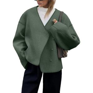 imageCicy Bell Womens Cropped Pea Coat Oversized Wool Blend Fall Coats V Neck Embroidered Short JacketsGreen